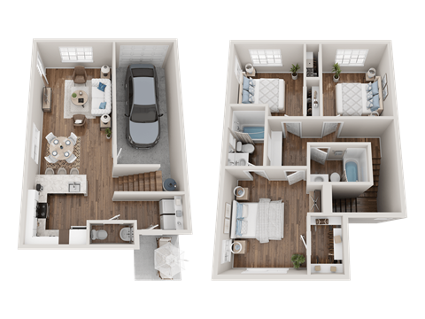 a floor plan of two bedrooms with a bathroom and a car